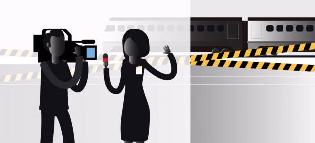 cartoon image of a female tv reporter and cameraman near a train