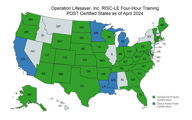 An image of a map with green and blue states certifying OLI RISC-LE trainng
