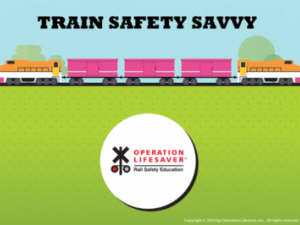 cartoon style image from train safety savvy game with title and train