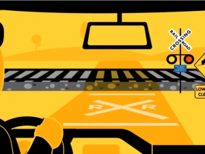 a cartoon image of a driver looking at a railroad crossing