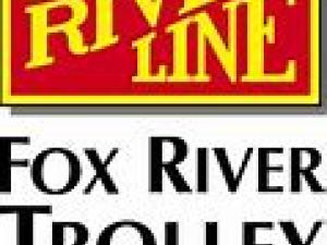 red , yellow, black and white logo promoting fox river trolley museum. 