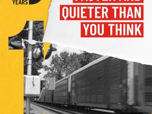 social media post with Trains are faster than you think message