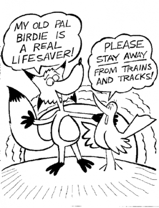 Sly Fox and Birdie characters on a black and white coloring page
