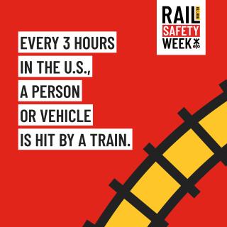 graphic of train tracks and slogan
