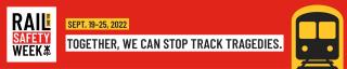 rail safety week logo and a train image with a slogan