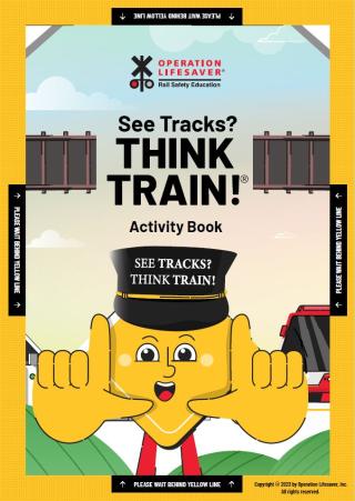 a cartoon image of a book cover with a see tracks think train sign character