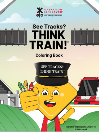 an image of a cartoon see tracks think train character holding crayons