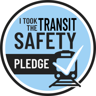 blue and white circle graphic with words I took the transit safety pledge