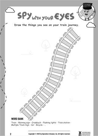 black and white coloring page with rail safety info