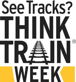 A logo with the words See Tracks Think Train Week and a graphic of train tracks