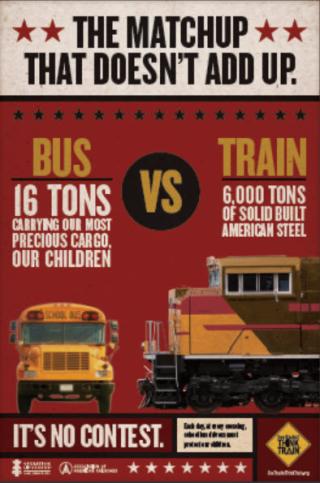 a pster with a school bus vs a train