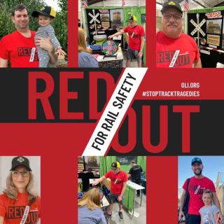 a photo collage of people wearing read with the Red Out for Rail Safety logo